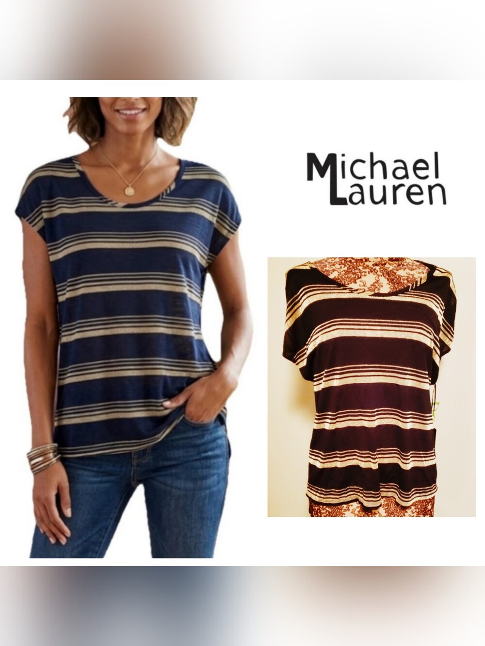 Michael lauren blue/metallic gold striped top.  Sz xs. Stretchy. Sheer Metallic.